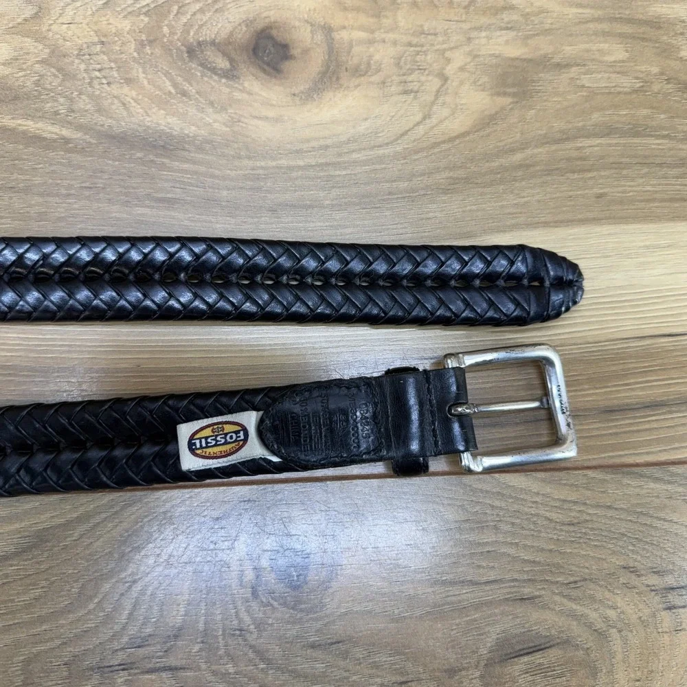 Fossil Mens Belt Size 34/85 Black Leather Woven Weave Business Casual